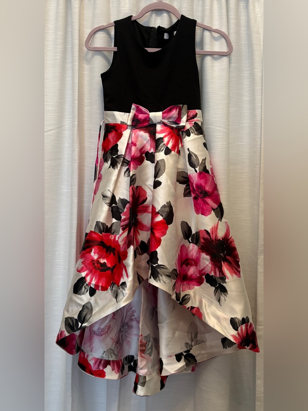 Floral High-Low Pink & Red Satin Skirt with Bow Waist